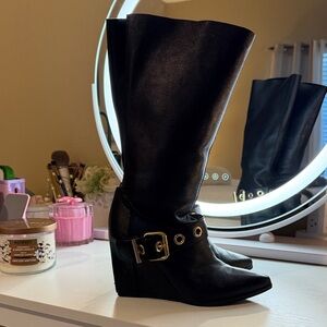 Black Knee-High Wedge Boots with Gold Buckle Detail
